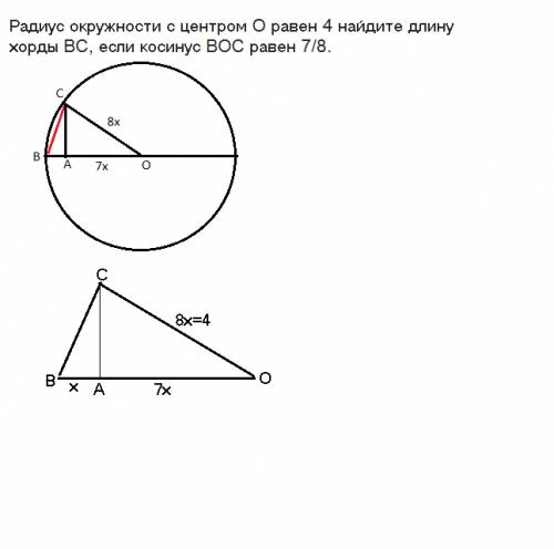 Радиус окружности с центром o равен 4 найдите длину хорды bc, если косинус boc равен 7/8.