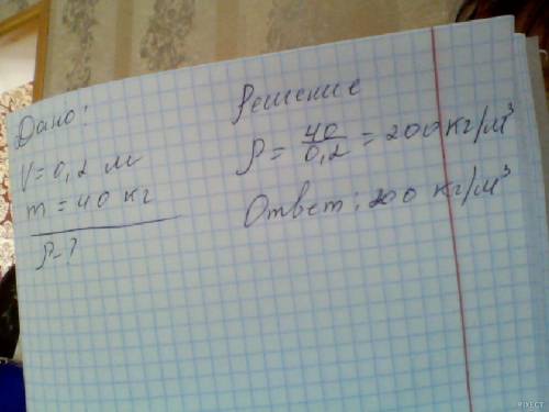 Определить плотность вещества,если 0,2 метр кубический этого материала имеет массу 40кг.?