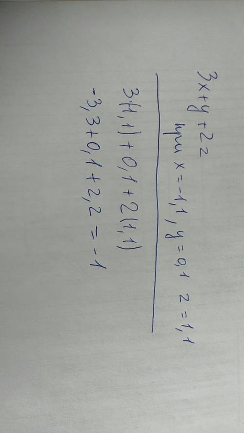 Найдите значение выражение 3x+y+2z при x=-1,1 y=0,1 z 1,1