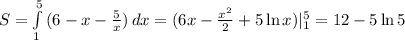 S= \int\limits^5_1 {(6-x- \frac{5}{x} )} \, dx =(6x- \frac{x^2}{2}+5\ln x)|^5_1=12-5\ln 5