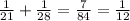 \frac{1}{21} + \frac{1}{28} = \frac{7}{84}= \frac{1}{12}