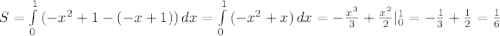 S= \int\limits^{1}_{0} {(-x^{2}+1-(-x+1))} \, dx = \int\limits^{1}_{0} {(-x^{2}+x)} \, dx = -\frac{x^{3}}{3}+\frac{x^{2}}{2}|^{1}_{0}=-\frac{1}{3}+\frac{1}{2}=\frac{1}{6}