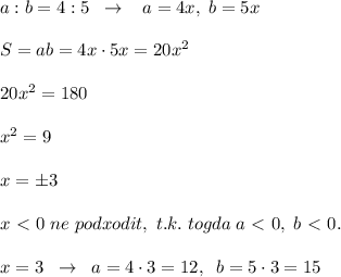 a:b=4:5\; \; \to \; \; \; a=4x,\; b=5x\\\\S=ab=4x\cdot 5x=20x^2\\\\20x^2=180\\\\x^2=9\\\\x=\pm 3\\\\x\ \textless \ 0\; ne\; podxodit,\; t.k.\; togda\; a\ \textless \ 0,\; b\ \textless \ 0.\\\\x=3\; \; \to \; \; a=4\cdot 3=12,\; \; b=5\cdot 3=15