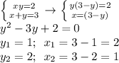 \left \{ {{xy=2} \atop {x+y=3}} \right. \to \left \{ {{y(3-y)=2} \atop {x=(3-y)}} \right. \\ y^2-3y+2=0 \\ y_1=1;\,\,\, x_1=3-1=2\\y_2=2;\,\,\,x_2=3-2=1