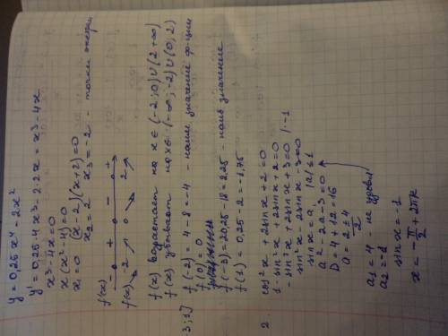 1) дана функция y=0,25x⁴-2x².найдите: а)промежутки возрастания и убывания функций б) точки экстремум