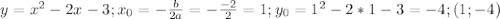 y=x^2-2x-3; x_0=- \frac{b}{2a}=- \frac{-2}{2}=1; y_0=1^2-2*1-3=-4 ;(1;-4)