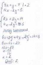 Решить систему уравнений 3x+y=7 4x-2y=6