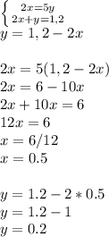 \left \{ {{2x=5y} \atop {2x+y=1,2}} \right. \\ y=1,2-2x \\ \\ 2x=5(1,2-2x) \\ 2x=6-10x \\ 2x+10x=6 \\ 12x=6 \\ x=6/12 \\ x=0.5 \\ \\ y=1.2-2*0.5 \\ y=1.2-1 \\ y=0.2