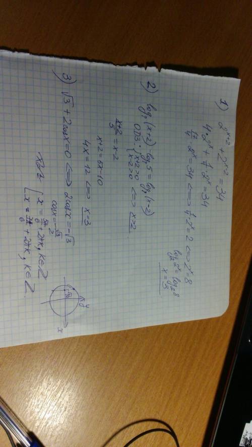 1)2*x+2 + 2*x-2= 34(*-в степени) 2)log(x+2) - log5=log(x-2) 3)√3+2cosx=0