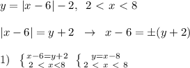 y=|x-6|&#10;-2,\; \; 2\ \textless \ x\ \textless \ 8\\\\|x-6|=y+2\; \; \to \; \; x-6=\pm (y+2)\\\\1)\; \; \left \{ {{x-6=y+2} \atop {2\ \textless \ x