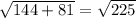 \sqrt{144 + 81} = \sqrt{225}