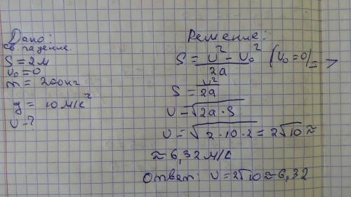 Каково значение скорости падения груза массой 200 кг, упавшего с высоты 2м