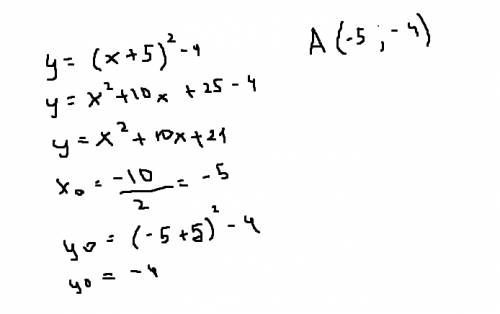 Решить: определить координаты вершины параболы у= (х+5)^2 -4