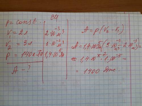 Яку роботу здійснює газ під час ізобарного розширення від 2л до 3л? тиск газу становить 140кпа