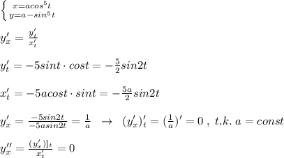 \left \{ {{x=acos^5t} \atop {y=a-sin^5t}} \right. \\\\y'_{x}=\frac{y'_{t}}{x'_{t}}\\\\y'_{t}=-5sint\cdot cost=-\frac{5}{2}sin2t\\\\x'_{t}=-5acost\cdot sint=-\frac{5a}{2}sin2t\\\\y'_{x}=\frac{-5sin2t}{-5asin2t}=\frac{1}{a}\; \; \to \; \; (y'_{x})'_{t}=(\frac{1}{a})'=0\; ,\; t.k.\; a=const\\\\y''_{x}=\frac{(y'_{x})]_{t}}{x'_{t}}=0