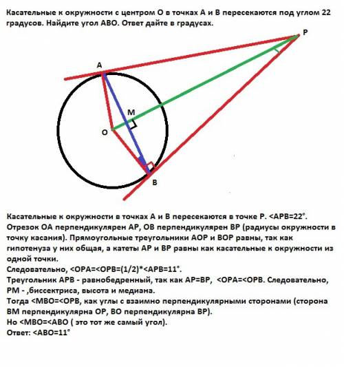 Касательные к окружности с центром o в точках a и b пересекаются под углом 22 градусов. найдите угол