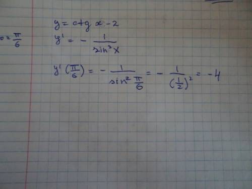 Найдите значения производной в точке x0. y=ctgx-2/ x0=п/6/