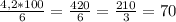 \frac{4,2*100}{6}=\frac{420}{6} =\frac{210}{3} =70