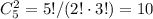 C_5^2=5!/(2!\cdot 3!)=10