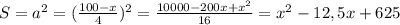 S=a^2=(\frac{100-x}{4})^2=\frac{10000-200x+x^2}{16}=x^2-12,5x+625