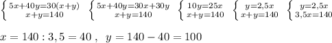 \left \{ {{5x+40y=30(x+y)} \atop {x+y=140}} \right. \; \left \{ {{5x+40y=30x+30y} \atop {x+y=140}} \right. \; \left \{ {{10y=25x} \atop {x+y=140}} \right. \; \left \{ {{y=2,5x} \atop {x+y=140}} \right. \; \left \{ {{y=2,5x} \atop {3,5x=140}} \right. \\\\x=140:3,5=40\; ,\; \; y=140-40=100