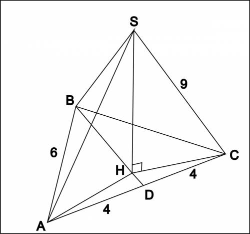 Стороны основания треугольной пирамиды равны 6см, 6см, и 8 см. боковые ребра равны - по 9 см. найти