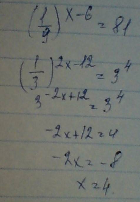 Себя проверить, уже решила,хочу сверить результат? ! : ) уравнение: (1/9)^х-6=81