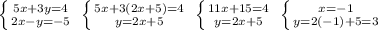 \left \{ {{5x+3y=4} \atop {2x-y=-5}} \right. \; \left \{ {{5x+3(2x+5)=4} \atop {y=2x+5}} \right. \; \left \{ {{11x+15=4} \atop {y=2x+5}} \right. \; \left \{ {{x=-1} \atop {y=2(-1)+5=3}} \right.