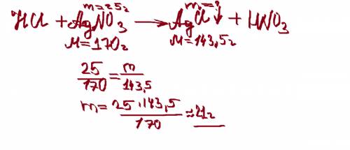 Какая масса осадка выпадет при взаимодействии соляной кислоты и 25 г нитрата серебра?
