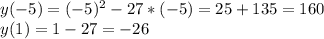 y(-5)=(-5)^2-27*(-5)=25+135=160\\y(1)=1-27=-26