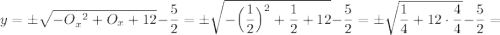 \displaystyle y=\pm\sqrt{-O_x^{\phantom{x}2}+O_x+12}-\frac{5}{2}=\pm\sqrt{-\Big(\frac{1}{2}\Big)^2+\frac{1}{2}+12}-\frac{5}{2}=\pm\sqrt{\frac{1}{4}+12\cdot\frac{4}{4}}-\frac{5}{2}=