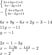 \left \{ {{2x+3y=1|*3} \atop {6x-2y=14}} \right. \\ -\left \{ {{6x+9y=3} \atop {6x-2y=14}} \right. \\ \\ 6x+9y-6x+2y=3-14 \\ 11y=-11 \\ y=-1 \\ \\ 2x=1-3y \\ x= \frac{1-3y}{2} = \frac{1+3}{2} =2 \\ x=2