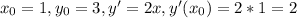 x_0=1, y_0=3, y'=2x, y'(x_0)=2*1=2