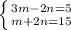 \left \{ {{3m-2n=5} \atop {m+2n=15}} \right.