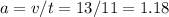 a=v/t=13/11=1.18