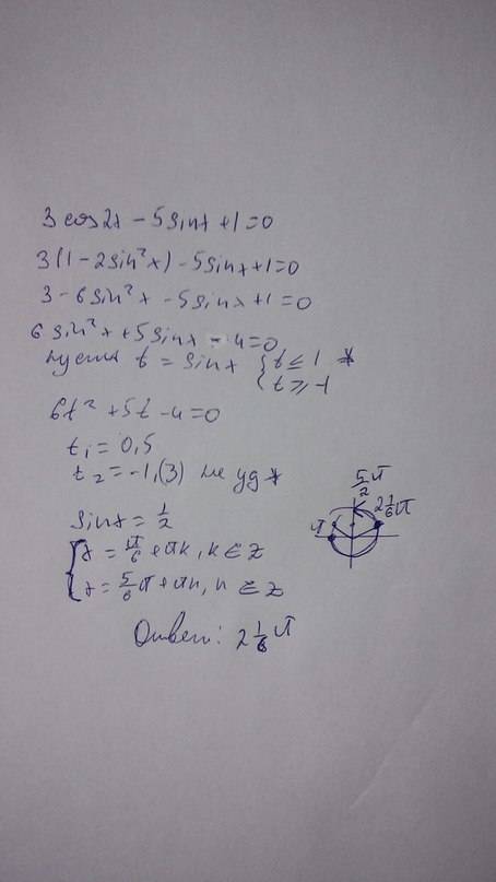 3cos2x-5sinx+1=0 в промежутке вкл. п до 5п/2