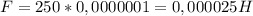 F = 250 * 0,0000001 = 0,000025 H