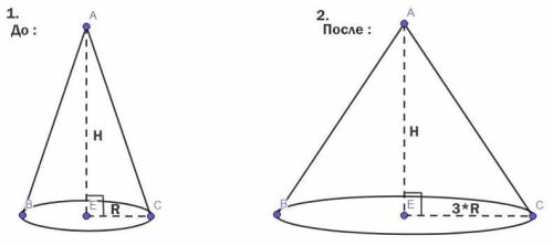 Во сколько раз увеличится объем конуса,если радиус основания увеличивается в 3 раза,а высота останет