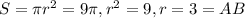 S=\pi r^2 = 9\pi, r^2=9, r=3=AB