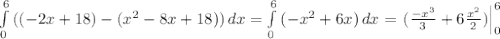 \int\limits^6_0 {((-2x+18)-(x^{2}-8x+18))} \, dx = \int\limits^6_0 {(-x^{2}+6x)}\, dx=\left.{ (\frac{-x^{3}}{3}}+6\frac{x^{2}}{2})\right|_{ 0 }^{ 6 }