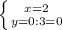 \left \{ {{x=2} \atop {y=0:3=0}} \right.