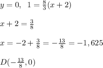 y=0,\; \; 1=\frac{8}{3}(x+2)\\\\x+2=\frac{3}{8}\\\\x=-2+\frac{3}{8}=-\frac{13}{8}=-1,625\\\\D(-\frac{13}{8},0)