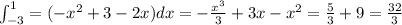 \int _{-3}^{1} = (-x^2+3-2x)dx = - \frac{x^3}{3}+3x - x^2 = \frac{5}{3} +9 = \frac{32}{3}