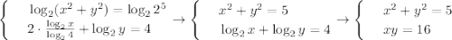 \begin{cases}&#10; & \text{ } \log_2(x^2+y^2)=\log_22^5 \\ &#10; & \text{ } 2\cdot \frac{\log_2x}{\log_24}+\log_2y=4 &#10;\end{cases}\to \begin{cases}&#10; & \text{ } x^2+y^2=5 \\ &#10; & \text{ } \log_2x+\log_2y=4 &#10;\end{cases}\to\begin{cases}&#10; & \text{ } x^2+y^2=5 \\ &#10; & \text{ } xy=16\end{cases}&#10;&#10;&#10;