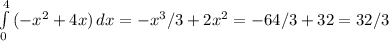 \int\limits^4_0 {(-x^2+4x)} \, dx =-x^3/3+2x^2=-64/3+32=32/3