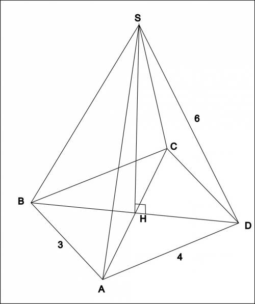 Основание пирамиды- прямоугольник со сторонами 3 и 4 см. каждое боковое ребро 6 см. найти высоту пир