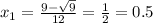 x_1= \frac{9- \sqrt{9} }{12} = \frac{1}{2} =0.5