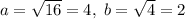 a=\sqrt{16}=4,\; b=\sqrt4=2