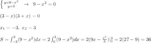 \left \{ {{y=9-x^2} \atop {y=0}} \right. \; \; \to \; \; 9-x^2=0\\\\(3-x)(3+x)=0\\\\x_1=-3,\; x_2=3\\\\S=\int _{-3}^3(9-x^2)dx=2\int _0^3(9-x^2)dx=2(9x-\frac{x^3}{3})|_0^3=2(27-9)=36