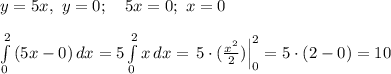 y=5x, \ y=0; \ \ \ 5x=0; \ x=0 \\ \\ \int\limits^2_0 {(5x-0)} \, dx = 5\int\limits^2_0 {x} \, dx = \left.{5 \cdot (\frac{x^2}{2}) }\right|_{ 0 }^{ 2 }=5 \cdot (2-0)=10